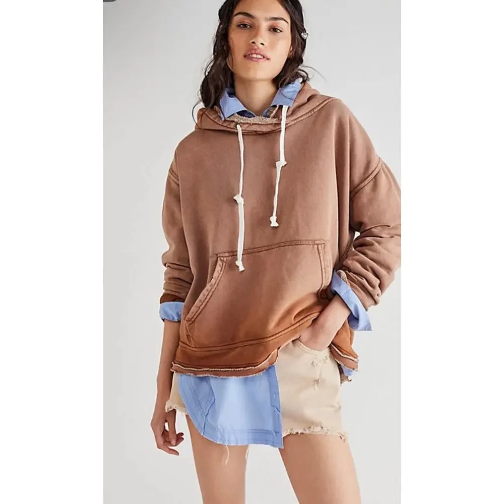 Free People We The Free Zuma Hoodie Sweatshirt Washed Brown Large Distressed